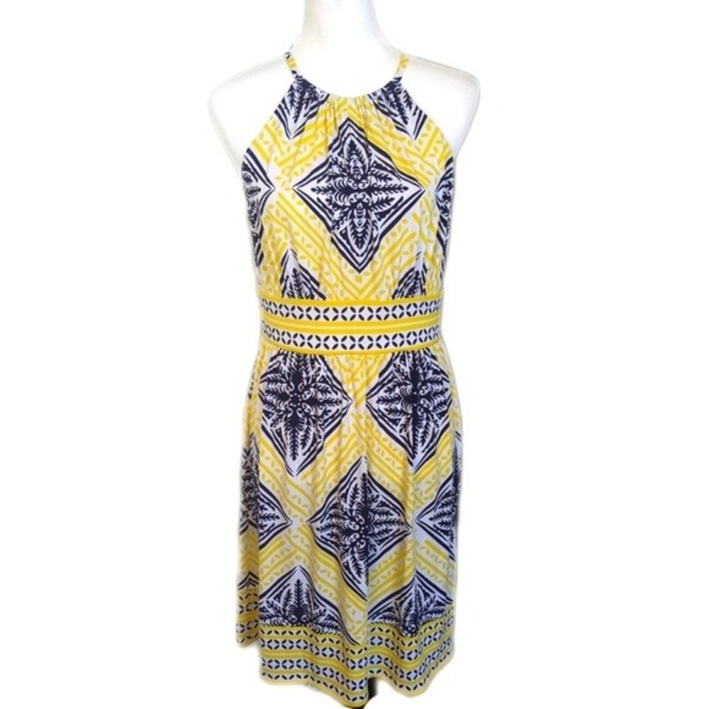 London Times high waisted knee length dress, halter top, sleeveless, yellow 10